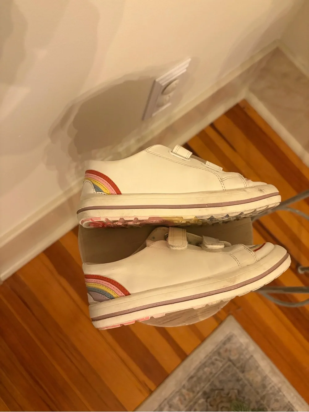 12 little girls sneakers no tie easy slip on white with rainbow detail